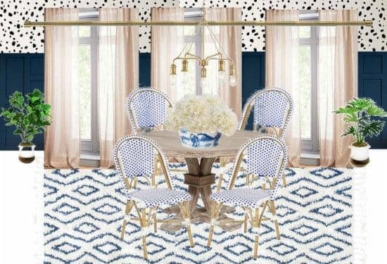 Modern Breakfast Nook Makeover Ideas Dalmation dot stencils navy wainscoting woven bistro chairs modern coastal decor ideas