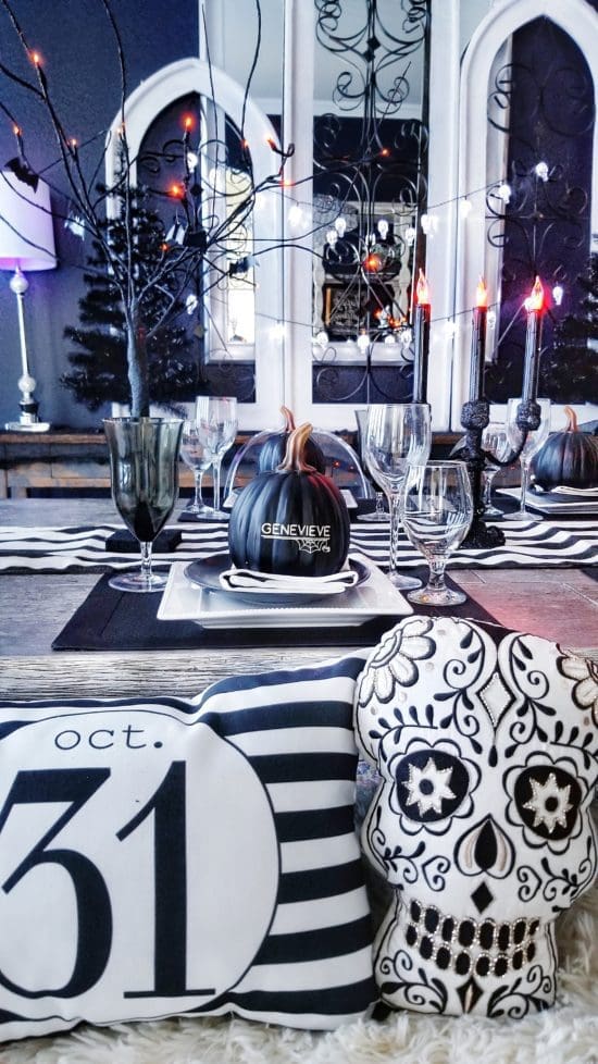 Haunted Halloween Dinner Party Decor Halloween Tablescape Halloween Dining Room Decor Ideas Halloween Party Black and White Decor Halloween Pillows Skull Pillow Classy Halloween Decor Modern Halloween Decor