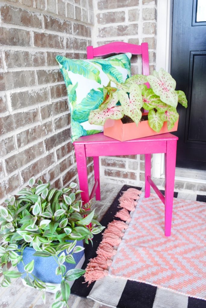 pink chair plants and rug on front patio