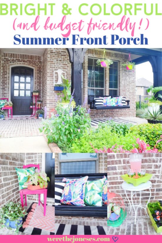 a bright and colorful summer front porch makeover with porch swing and hanging planters