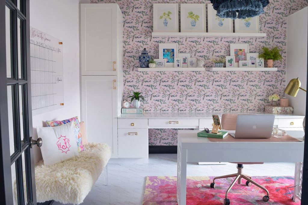 home office design with pink rug pink wallpaper white modern desk
