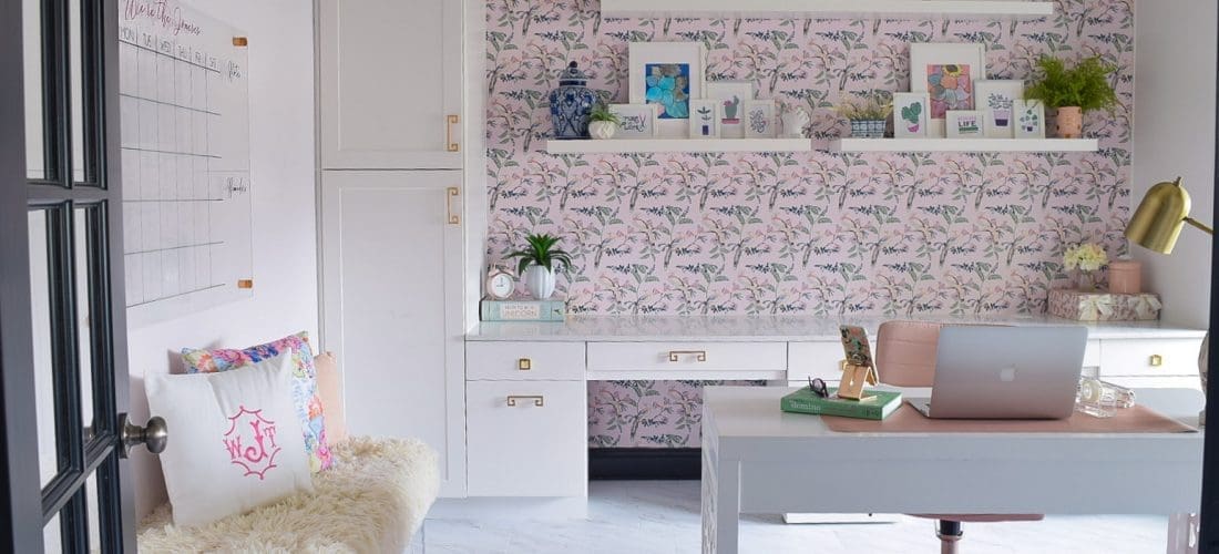 home office design with pink rug pink wallpaper white modern desk