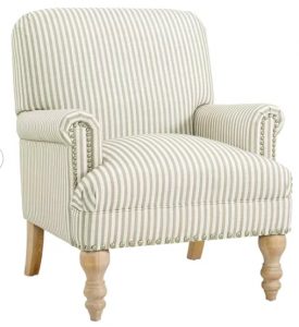 coastal farmhouse beige and white stripe arm chair