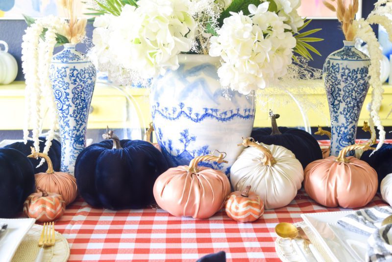 Orange and blue autumn table setting