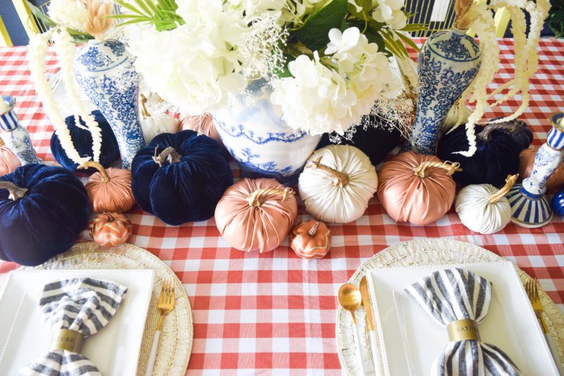 Chinoiserie chic blue and orange fall tablescape