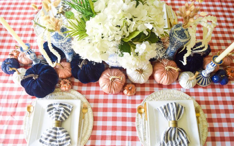 Chinoiserie chic blue and orange fall tablescape