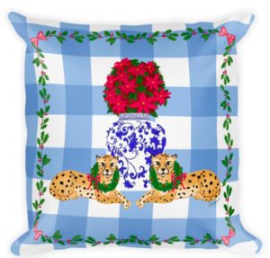 cheetah ginger jar gingham blue and white pillow 