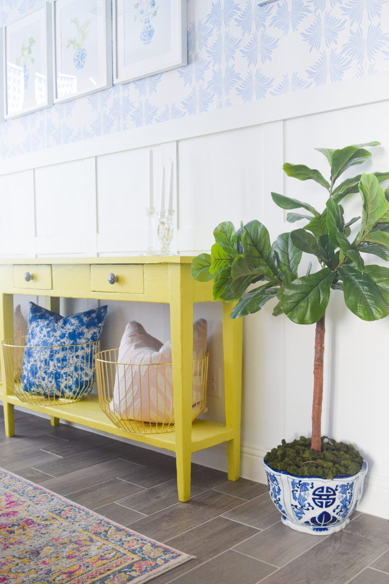 green yellow chartreuse painted buffet table in dining room