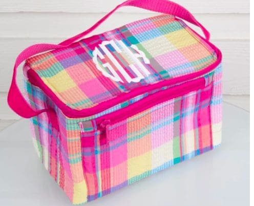 monogram seesucker lunchbox in pink plaid