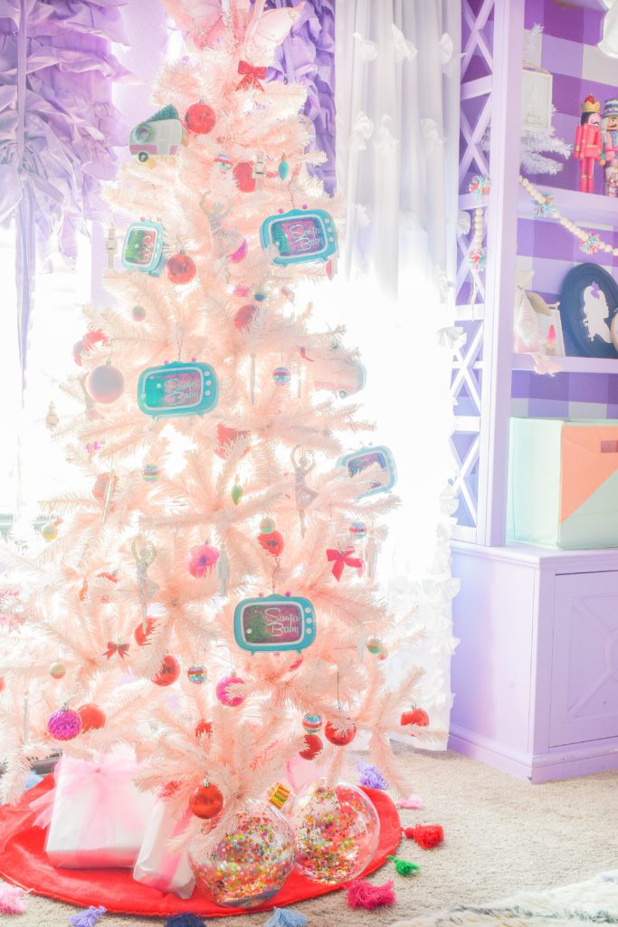 blush pink christmas tree with retro christmas ornaments