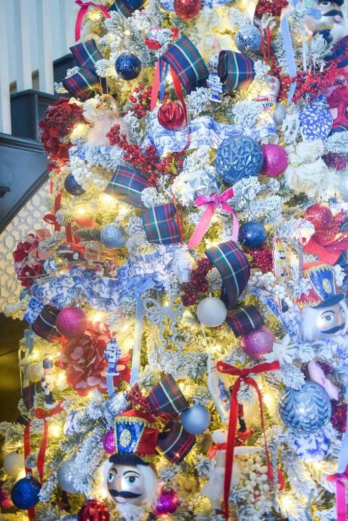 flocked christmas tree with tartan ribbon blue and red christmas tree 