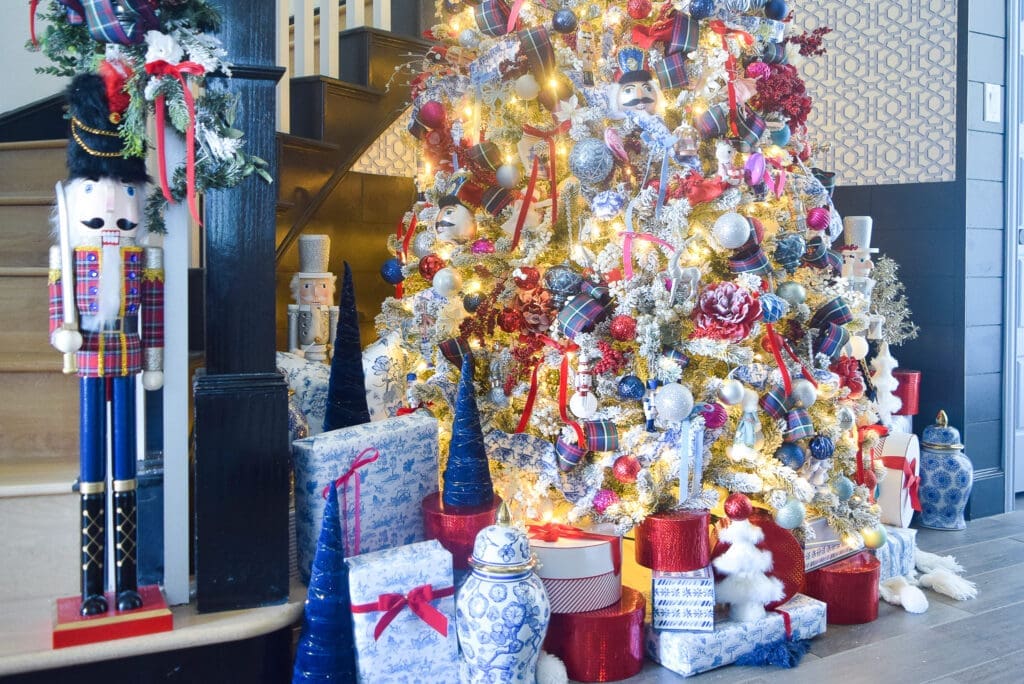 Grand Millennial Christmas Tree with Blue, Red, and Pink Chinoiserie Decor